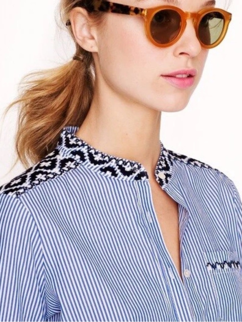 J. Crew Women's Blouse Tunic Embroidered Collar Striped Blue & White Long Sleeve